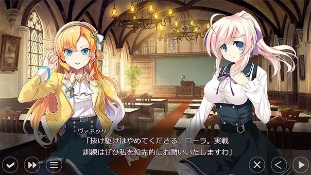 アートワール魔法学園の乙女たち 教室での生徒同士の会話シーン(画像出典: DMM GAMES公式ページ)